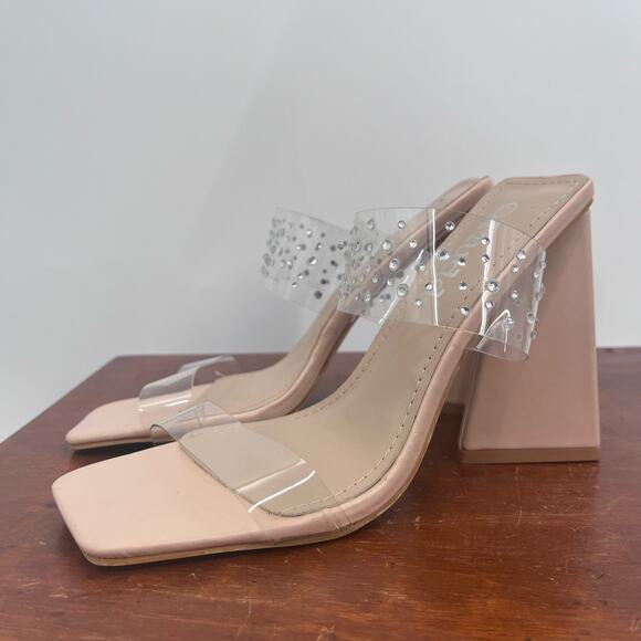 MUDD Y2K Clear Rhinestone Nude Clear Square Toe Chunky Heels Womens 7 - Picture 1 of 11